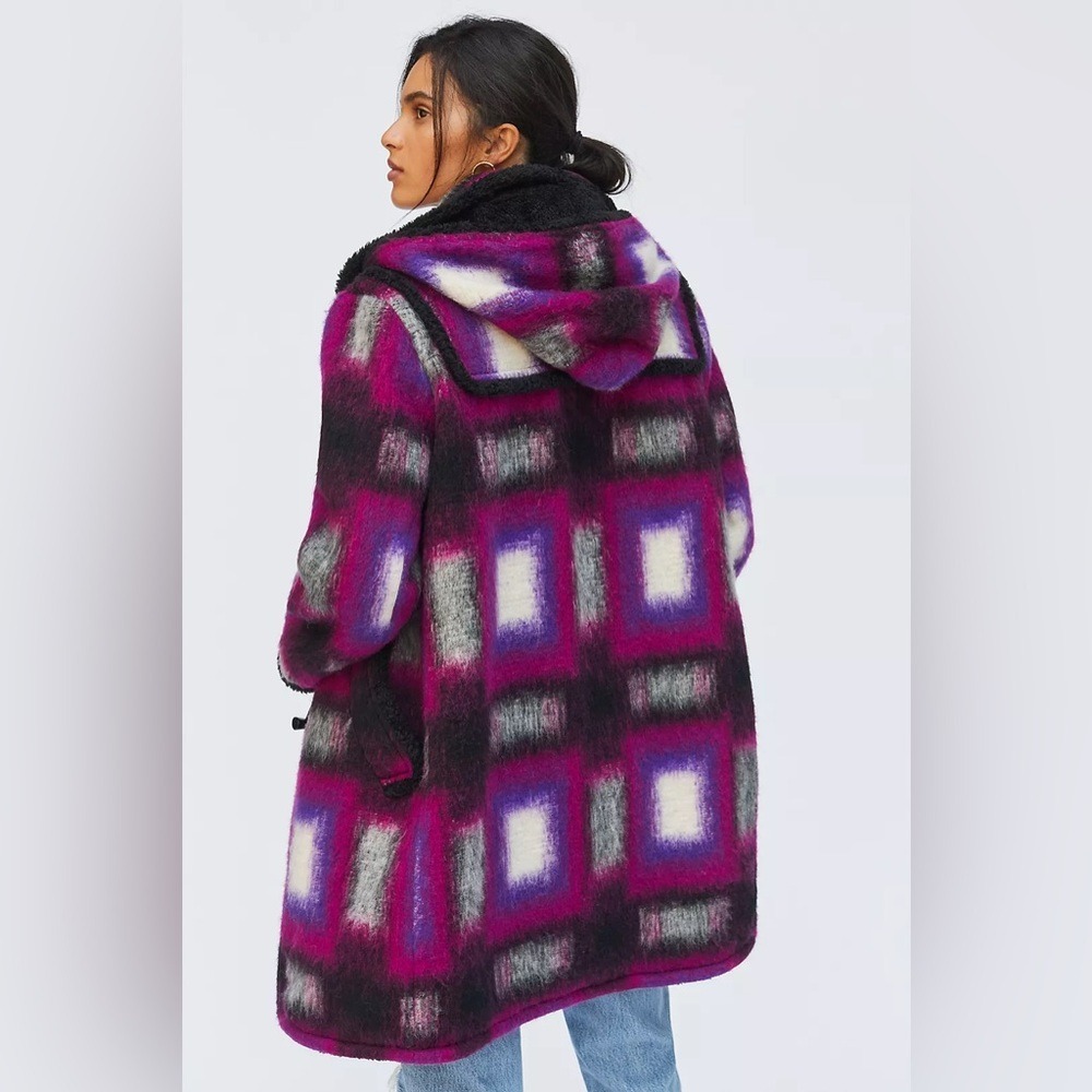 Anna Sui Ombre Plaid Toggle Hooded Wool Blend Coat Jacket Women Size 6
